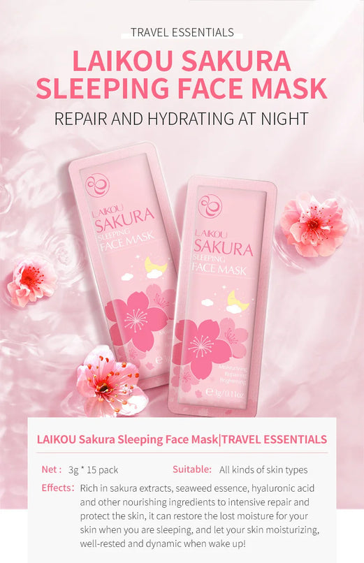 Mascarilla facial hidratante para dormir LAIKOU con sakura, extracto de caracol, algas marinas y centella, 100 unidades