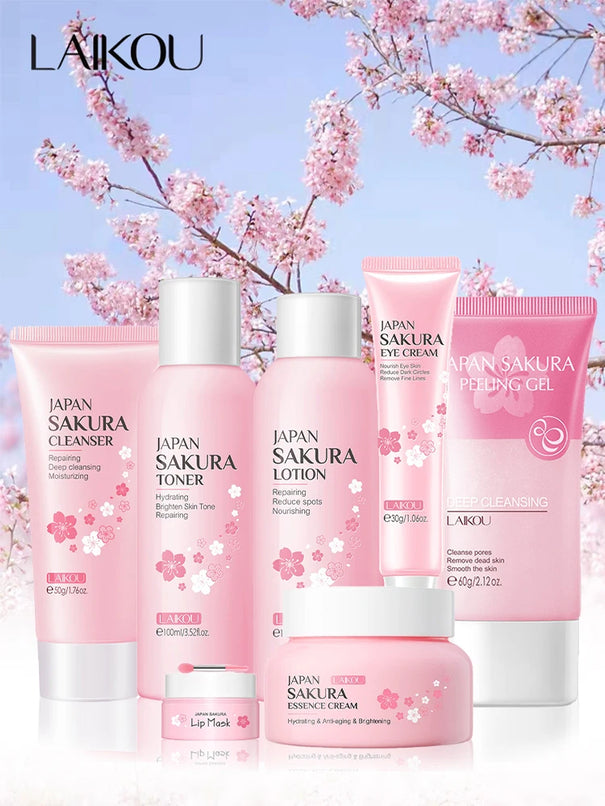 LAIKOU Cherry Blossom Skin Care Set: Collagen Eye Cream, Exfoliating Gel Cleanser, Lip Mask