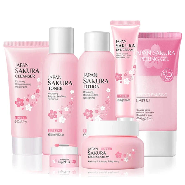 LAIKOU Cherry Blossom Skin Care Set: Collagen Eye Cream, Exfoliating Gel Cleanser, Lip Mask