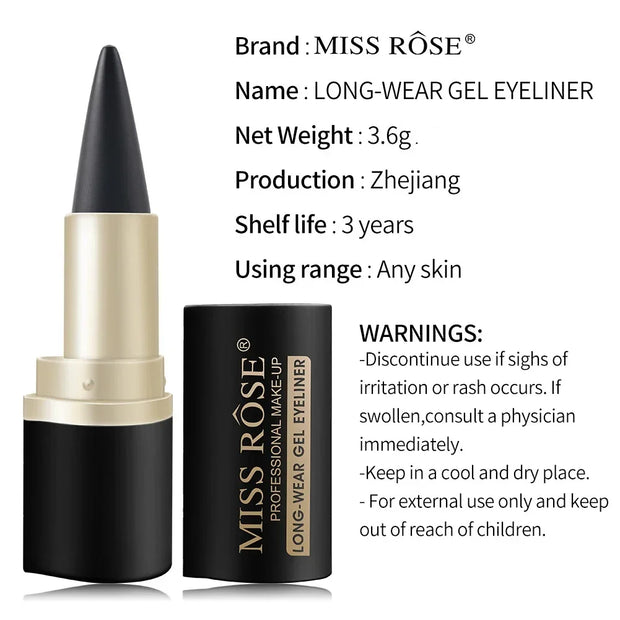 Miss Rose Waterproof Gel Eyeliner Pen, 24-Hour Long-Lasting Black Eye Shadow Pencil with Shimmer